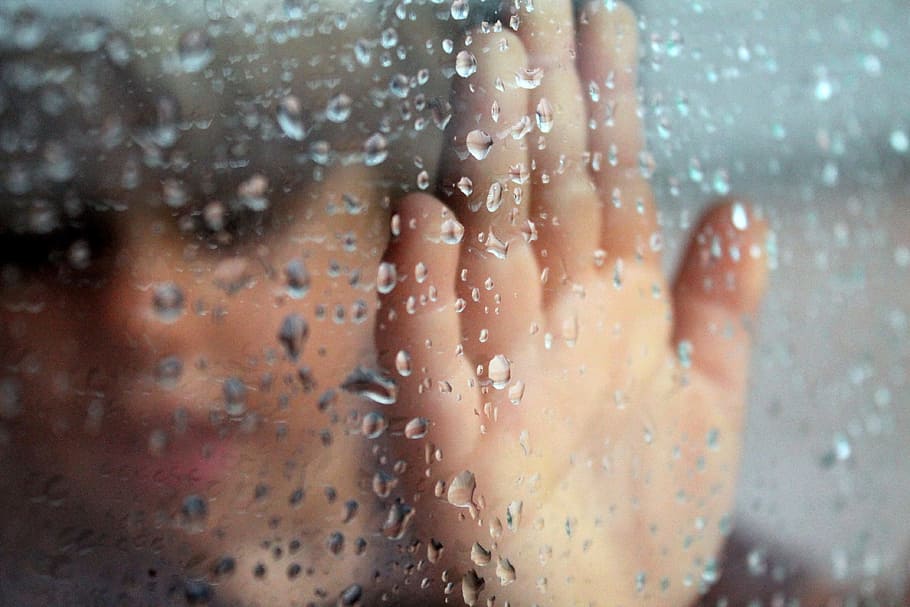person touching clear glass, rainy window, hand, shadow, rainy day HD wallpaper