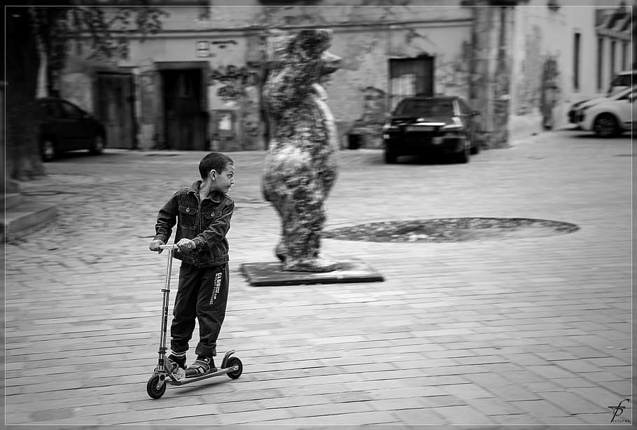 Child, Boy, Skating, Fun, playing, street, black white, city HD wallpaper