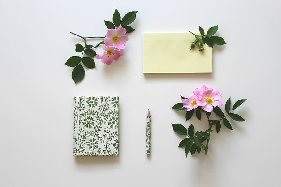 pink petaled flowers near book and pencil, notizbiuch, notes, HD wallpaper