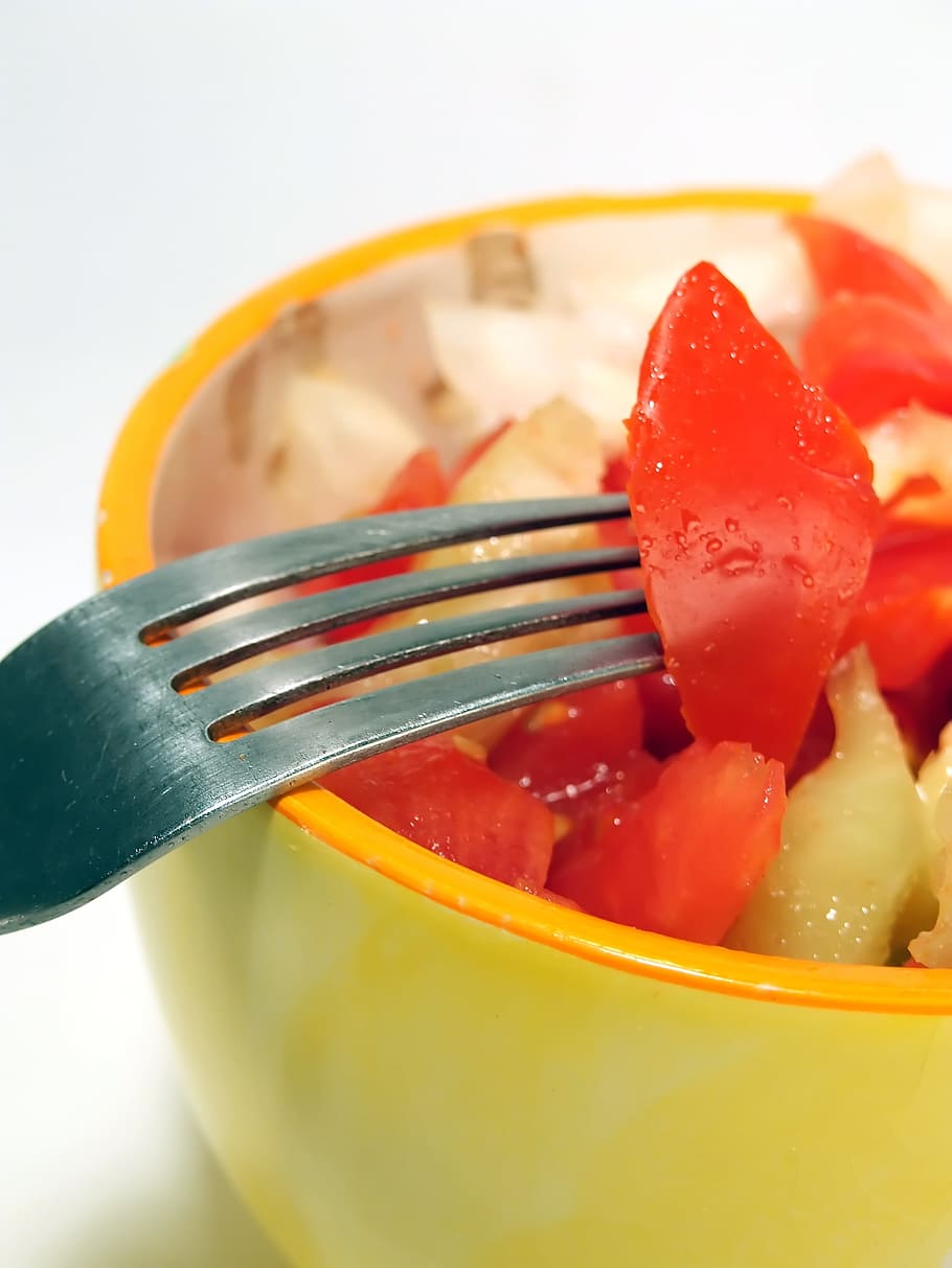 fork on bowl of fruit salad, Salad, Vegetable, Tomato, Dish HD wallpaper