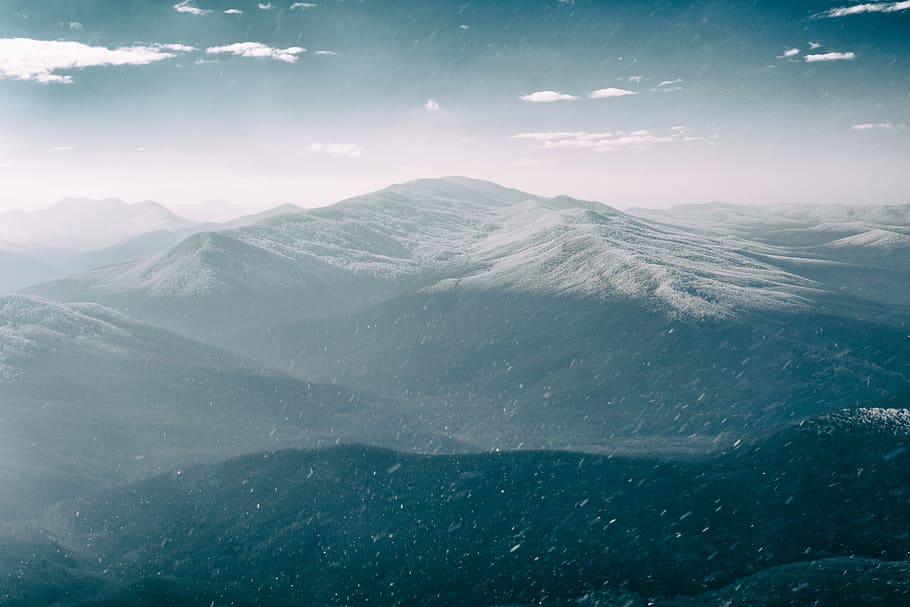 aerial view of snowy mountain, aerial view of mountains during winter HD wallpaper