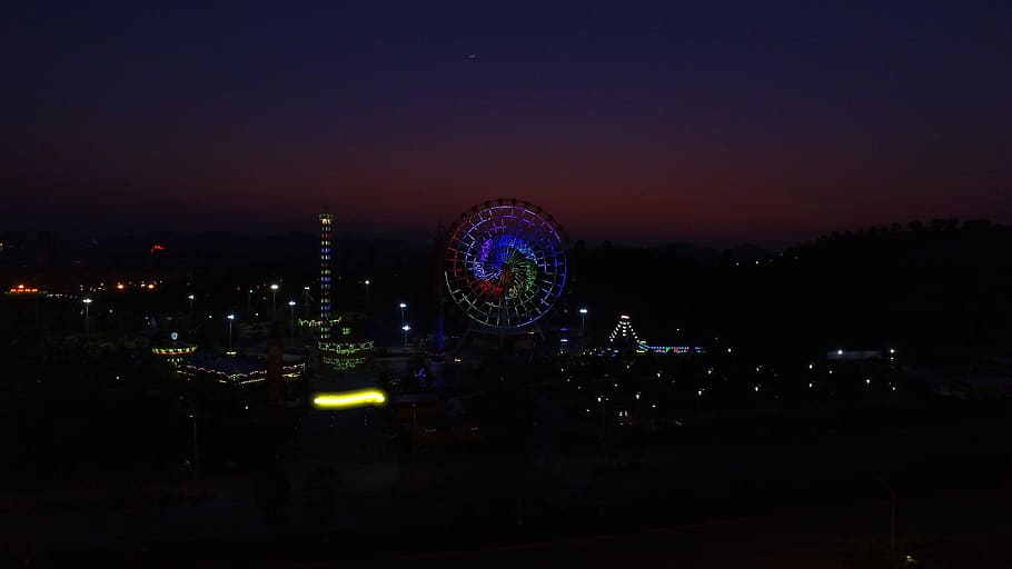 aerial view of city during night time, dark, sky, lights, ferris wheel HD wallpaper