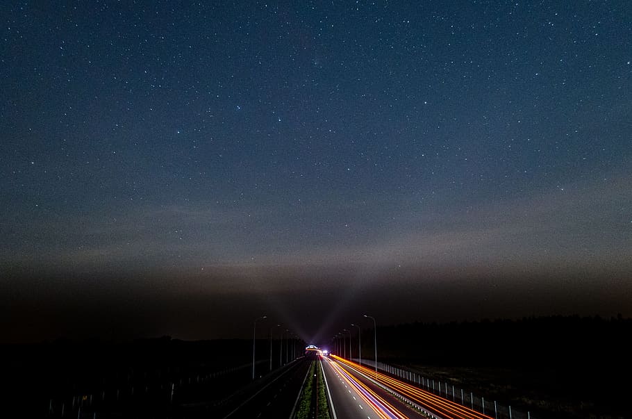 dark, night, road, lights, highway, sky, star - space, transportation HD wallpaper