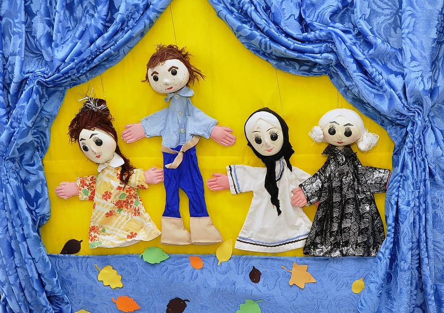 several dolls and blue curtain, puppets, child, toy, hand, childhood