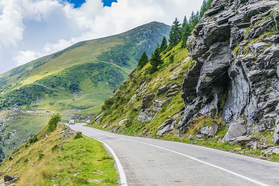 Long Road Along Romanian Mountains and Rocks, cars, countryside, HD wallpaper
