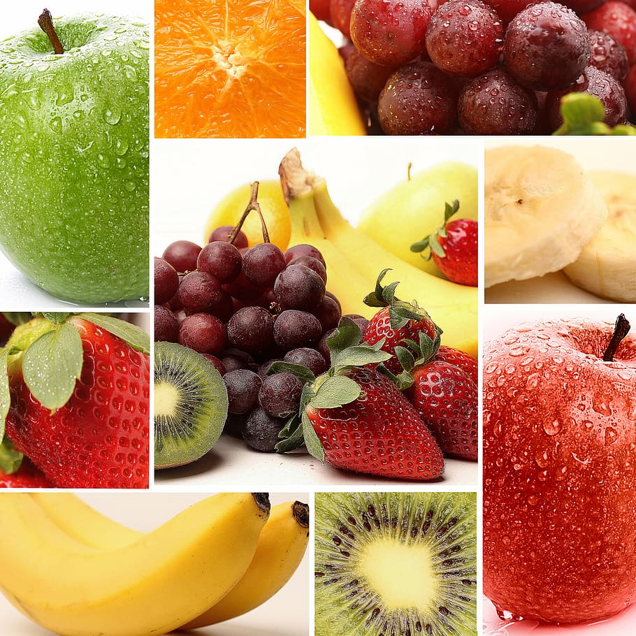 variety of fruits collage, apple, orange, banannen, kiwi, grapes, HD wallpaper