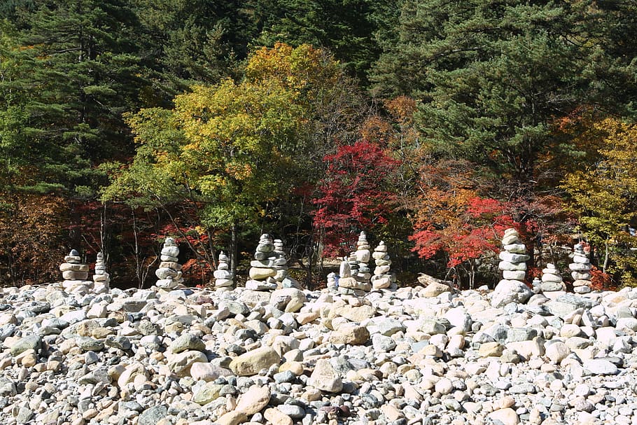 mt seoraksan, fall foliage, autumn leaves, stone tower, tree, HD wallpaper