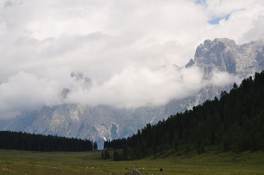 dolomites, alm, landscape, clouds, rock, mountain landscape HD wallpaper