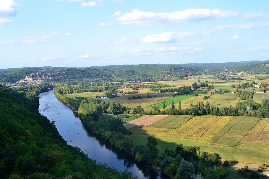River, Dordogne, the valley of the dordogne, shore, fields, aerial view, HD wallpaper