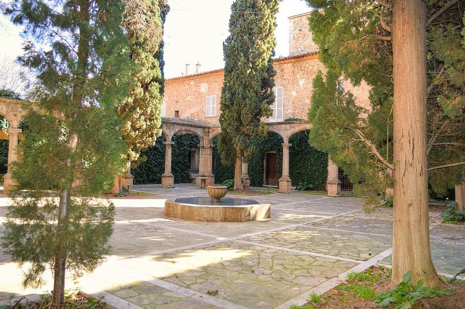 mallorca, field, farm, convent, tree, plant, architecture, nature HD wallpaper