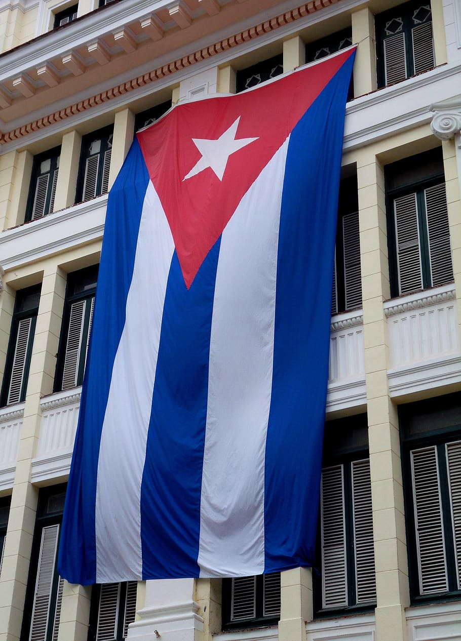 flag, cuba, havana, revolution, building, red, caribbean, cuban flag