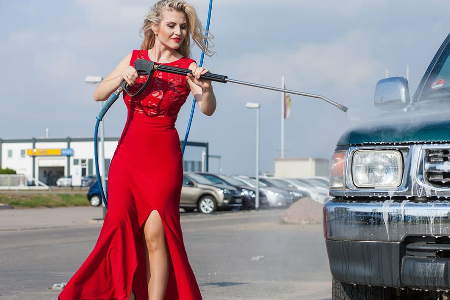 auto, wash, clean, women, one person, adult, red, transportation HD wallpaper