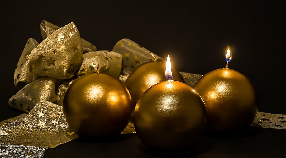 four gold-colored candles beside brown textile, advent, 2 advent