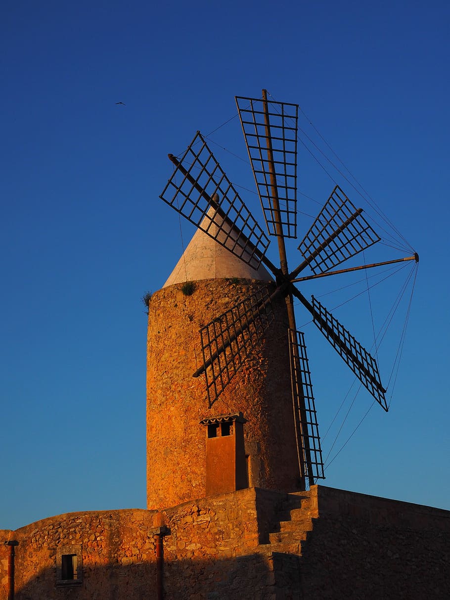 windmill, mallorca, wind energy, wing, wind power, tower, roof HD wallpaper