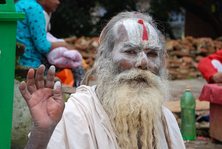 man showing his right hand, nepal, hinduism, yogi, old man, traditional, HD wallpaper