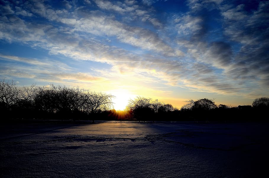 Sunrise, Sunset, Snow, Winter, Seasons, trees, clouds, nature HD wallpaper