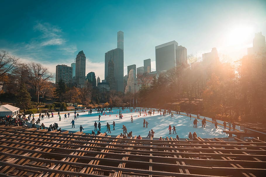people ice skating in the park at daytime, people on ice skating ring during daytime HD wallpaper
