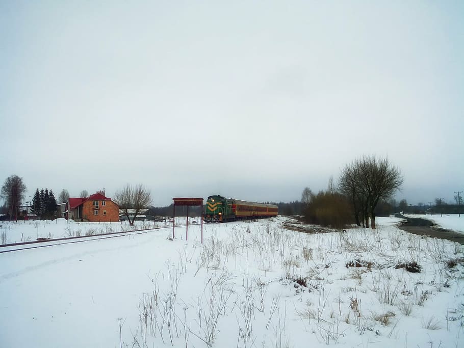 poland, train, winter, snow, sky, clouds, landscape, travel HD wallpaper
