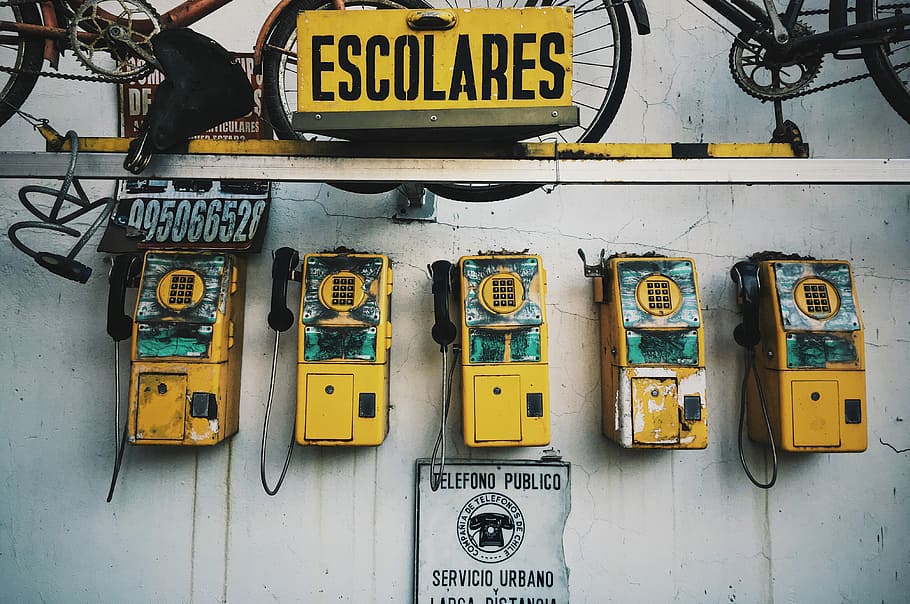 five yellow payphones on wall, box, old, worn, text, communication, HD wallpaper