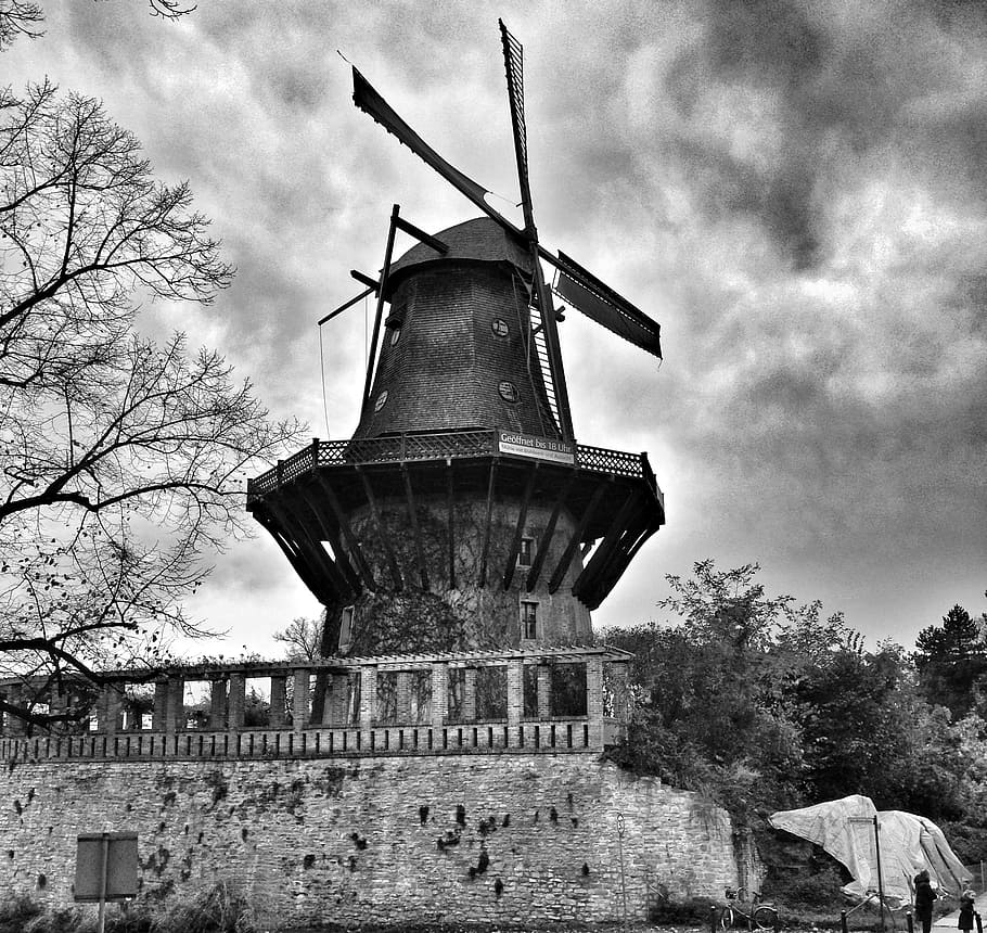 windmill, black white, berlin, potsdam, clouds, wall, old, retro HD wallpaper