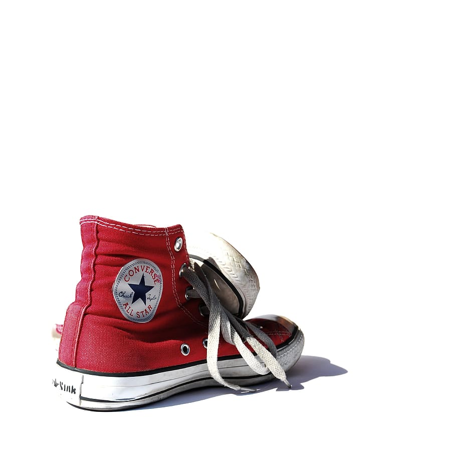 pair of red-and-white Converse All-Star high-tops sneakers, shoe