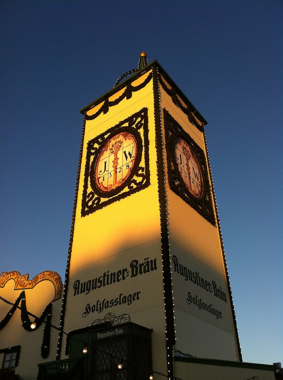 oktoberfest, augustiner, beer, clock, time, sky, text, low angle view, HD wallpaper