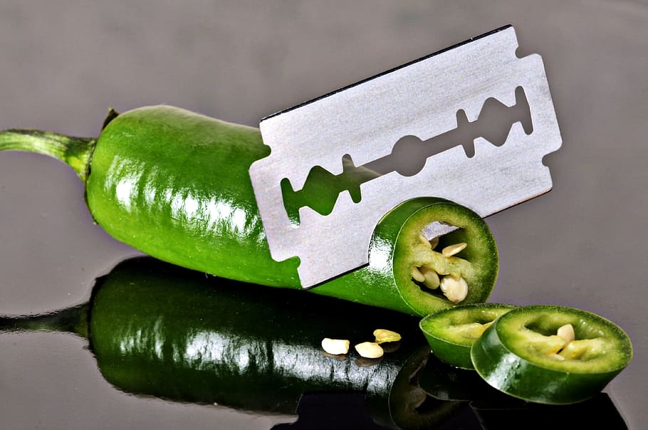 green chili with gray steel blade, pepperoni, sharp, cut, knife HD wallpaper