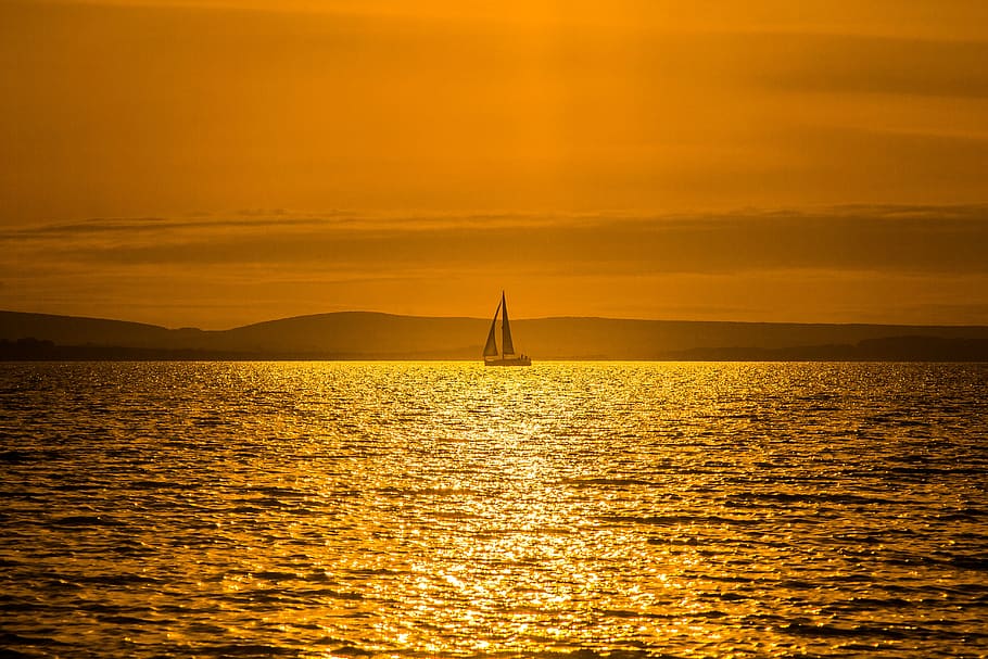 sunset, ocean, in the evening, water, sea, nautical vessel HD wallpaper