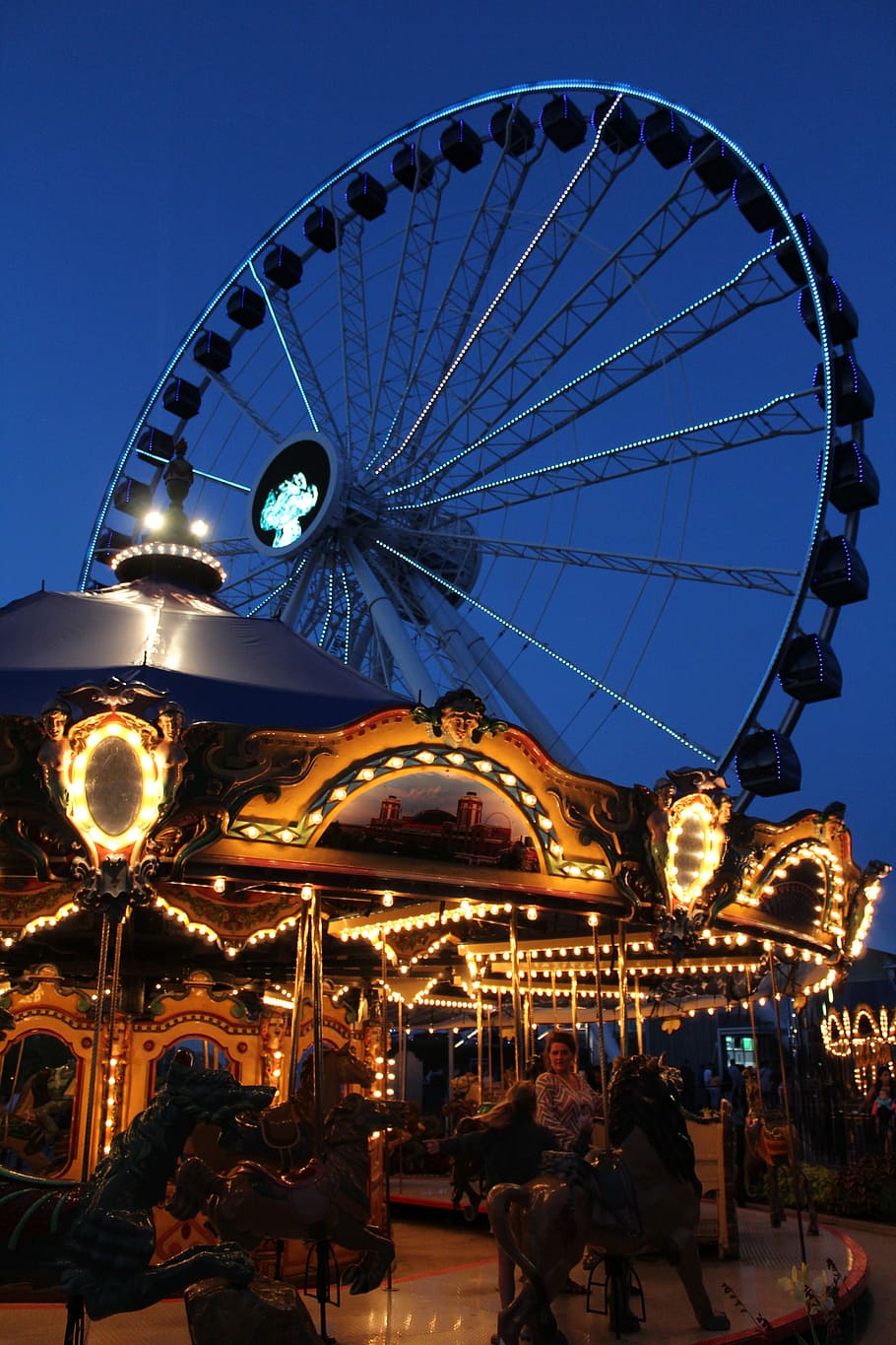 park, carousel, chicago, night, amusement park, amusement park ride HD wallpaper