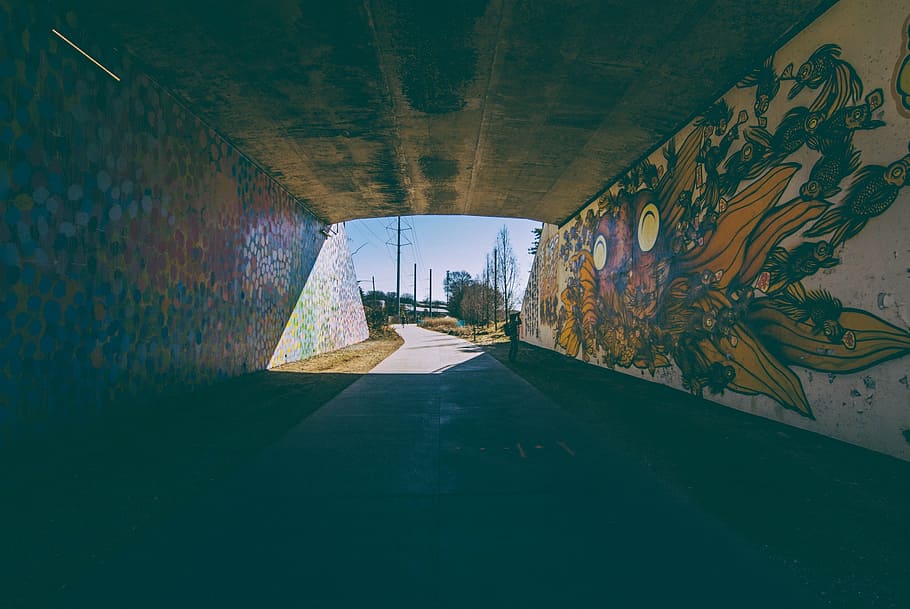 person standing inside tunnel, graffiti, spray paint, path HD wallpaper