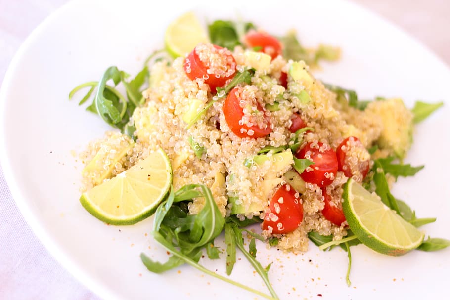 fried rice with lemon and chili on white ceramic plate, quinoa HD wallpaper