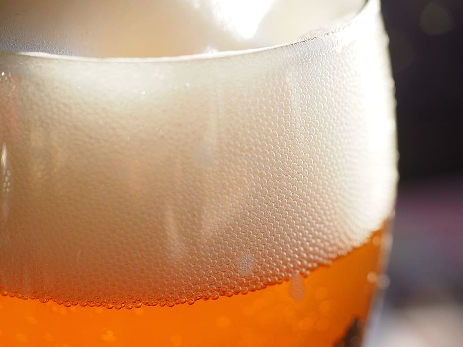 clear drinking glass with drink in closeup shot, beer foam, head, HD wallpaper