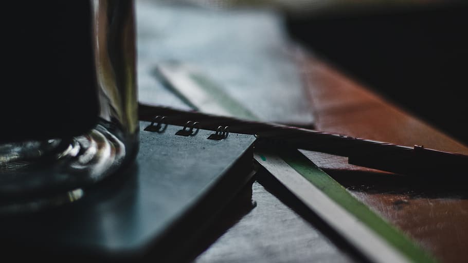 book, pen, lruler, selective focus, indoors, close-up, no people HD wallpaper