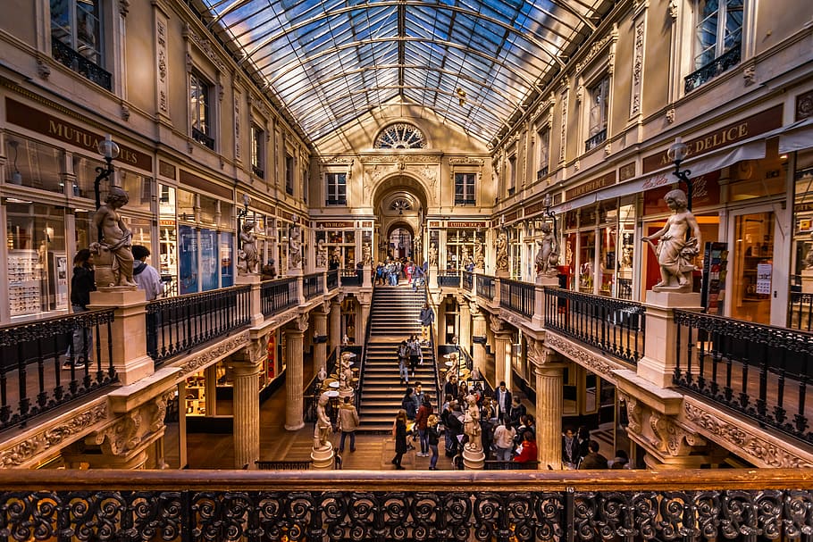 mall with lots of people, nantes, department stores, france, colors, HD wallpaper