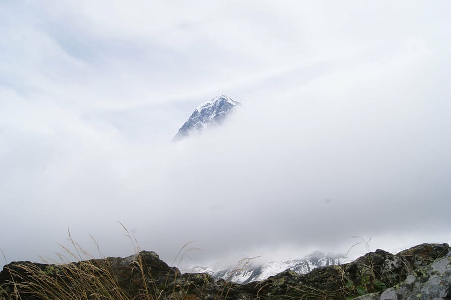 mountain, eiger, switzerland, rock, snow, fog, sky, clouds, HD wallpaper