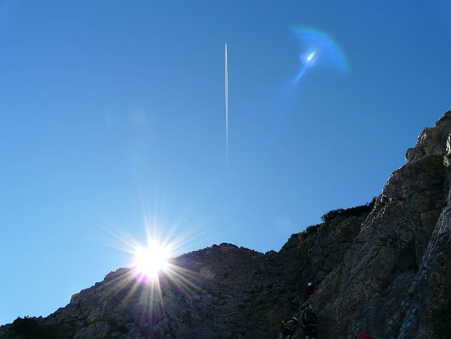 Ridge, Mountain, Sun, Sky, Blue, reflection, lens flare, lens light flare HD wallpaper