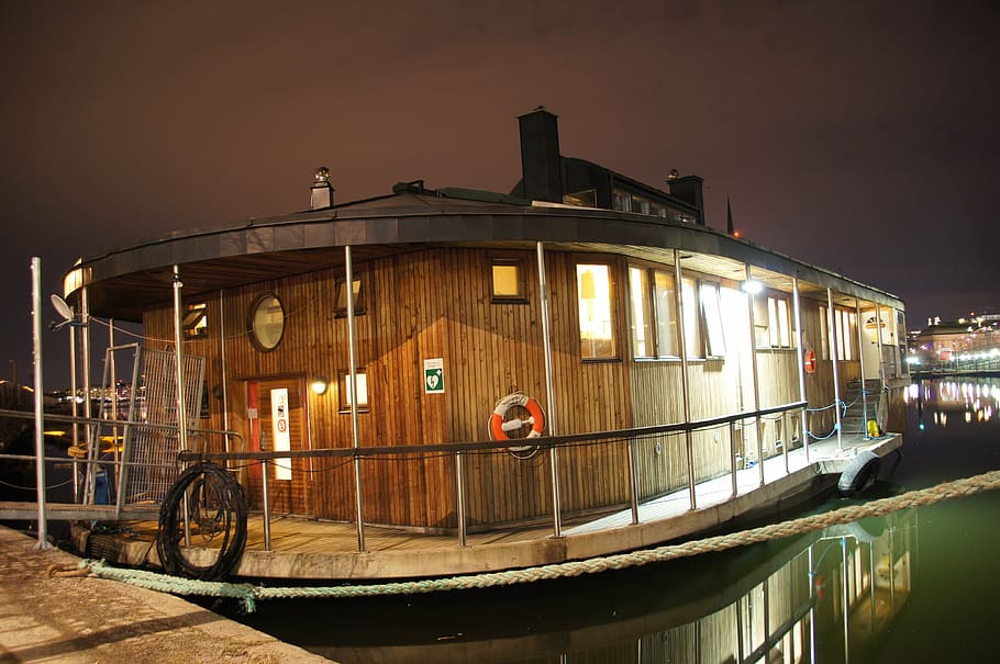 houseboat, night, boot, architecture, illuminated, built structure HD wallpaper