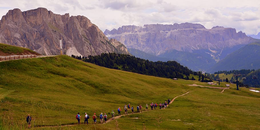 hiking, trail, dolomites, mountain, walk, group, backpack, excursion