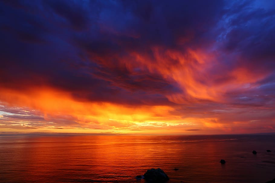 body of water under orange sky, sunset, the pacific ocean, evening HD wallpaper