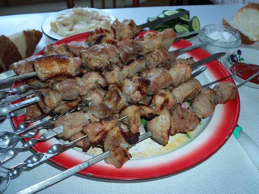 Shish Kebab, Meat, Skewers, Fried, fried meat, onion, food, HD wallpaper