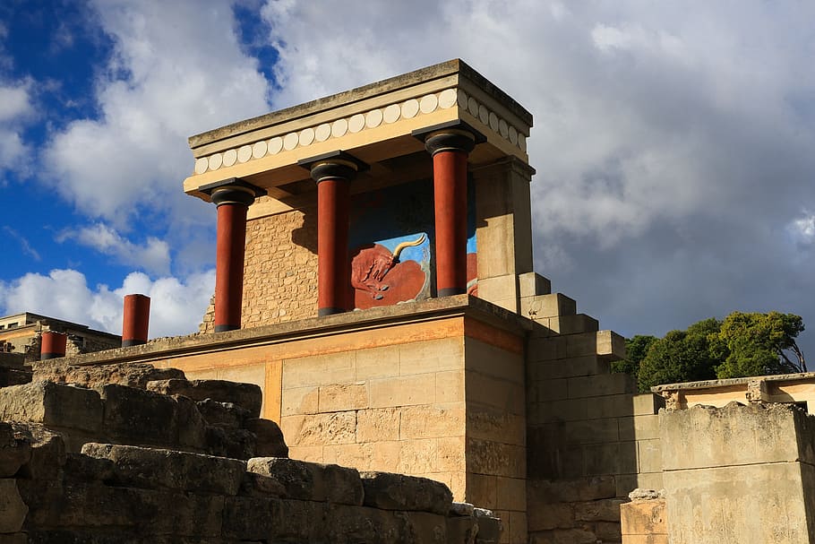 crete, knossos, greece, antiquity, ruin, relief, bull, archaeological site