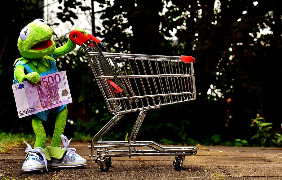 Kermet the Frog holding 500 banknote pushing shopping cart, Kermit