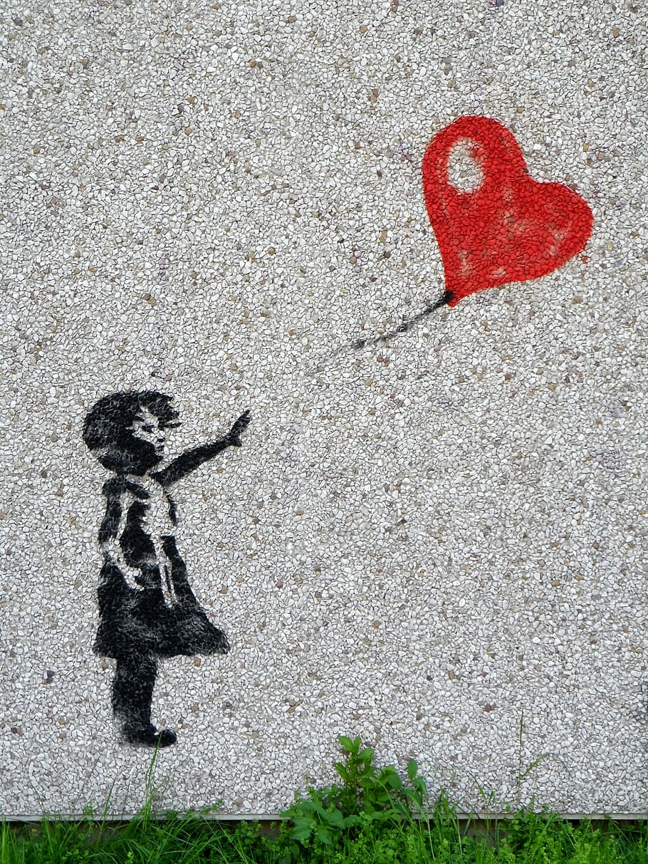 girl and red balloon surface, mural, child, heart, graffiti, innocent, HD wallpaper
