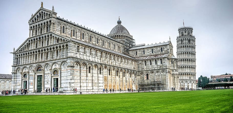 white concrete building and green grass, pisa, italy, leaning tower, HD wallpaper