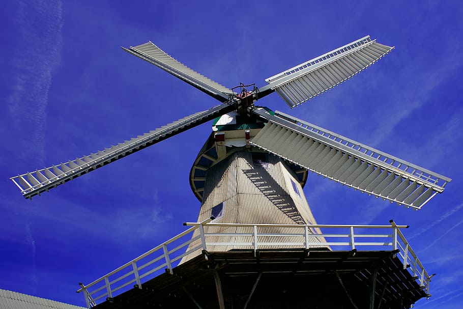 white wind turbine, windmill, perspective, wing, historically, HD wallpaper