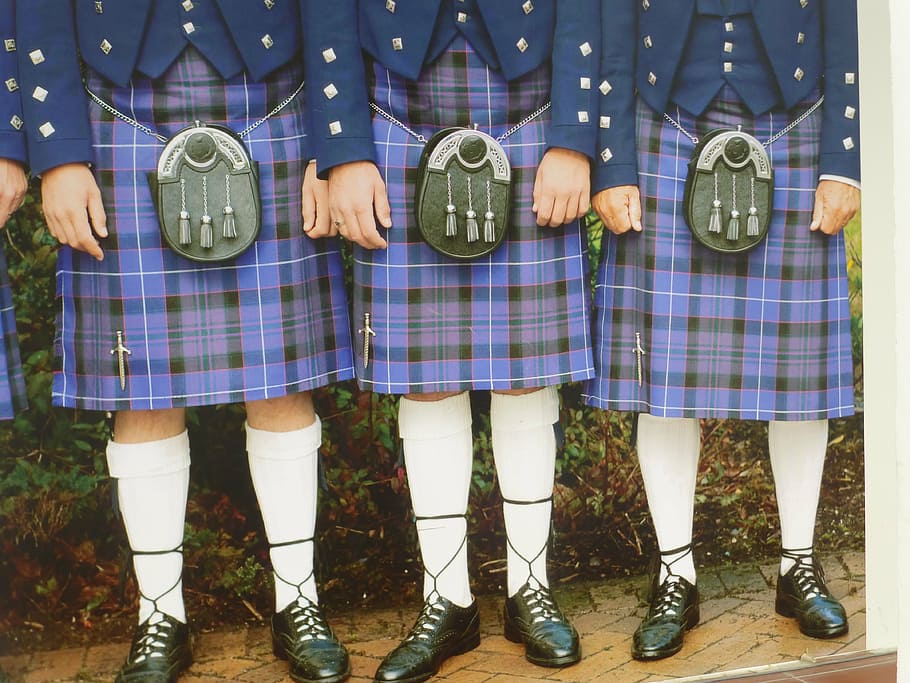 three person wearing plaid skirts, kilts, scotland, scottish