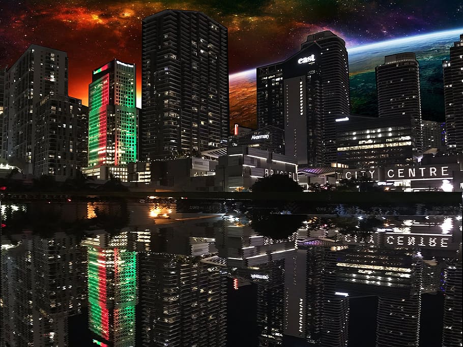 skyscraper, city, cityscape, illuminated, downtown, evening, HD wallpaper