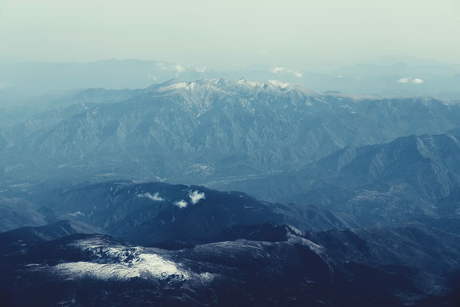 mountains bird's eye view, black mountains arial view, snow, clouds HD wallpaper
