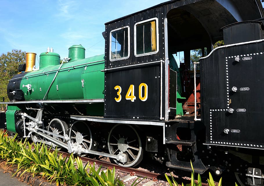 green and black 340 train, locomotive, railway, steam, engine