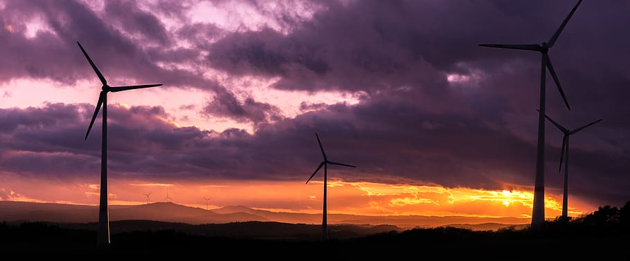 sunset, nature, sky, dawn, panoramic, windmills, wind turbines HD wallpaper